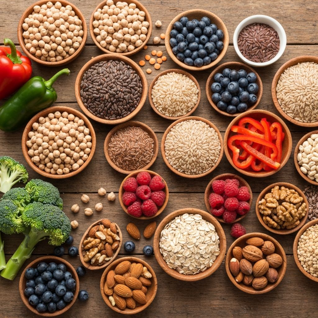 Diverse high-fibre whole foods flat-lay